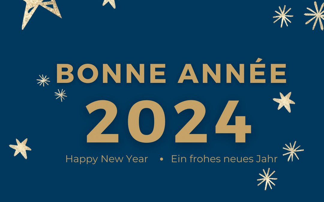 Visuels de bonne année 2024 avec un fond bleu et des étoiles dorées